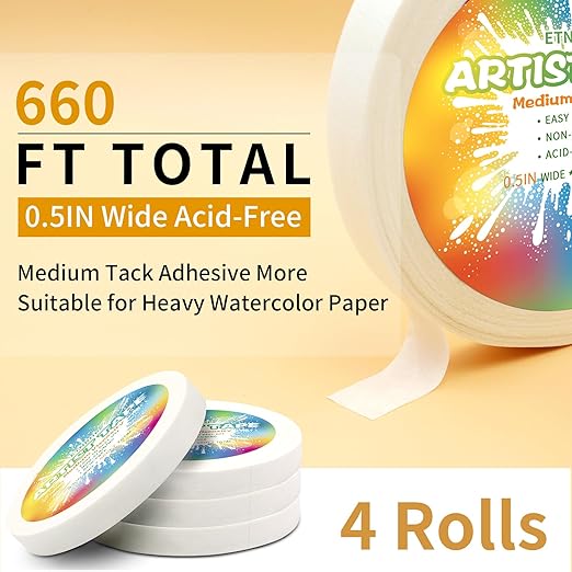 White Art Tape Medium Tack Artist Masking Tape Paper Acid Free Tape Watercolor Painters Tape Artists Tape for Drafting Art Watercolor Painting Canvas Framing, 0.5 inch Wide 660FT Long