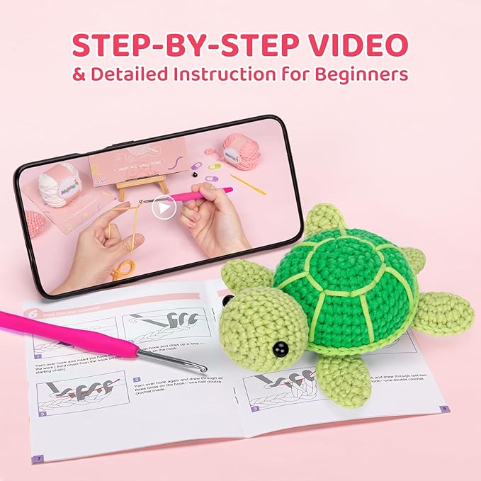 Mewaii Crochet Kit for Beginners Level 1 with 40% Extra Eco-Friendly Pre-Started Easy Yarn, Step-by-Step Video Tutorials for Adults and Kids (Green Sea Turtle)