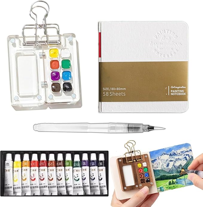 Mini Travel Watercolor Set Pocket Artist Watercolor Travel Set Grid Palette Box Sketch Book Brush Pens With Binder Clips For Painters Artists Students