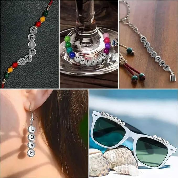 1400pcs Letter Beads Silver 7x4mm Black on Silver for Jewelry Making Bracelet Hair Braids Crafts