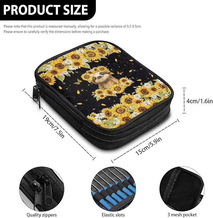 Hechitok Sloth Sunflower Crochet Hook Case Zipper Storage Organizer Bag with Pockets for Various Crochet Needles/Knitting Accessories/Crochet Hook Kit Tools