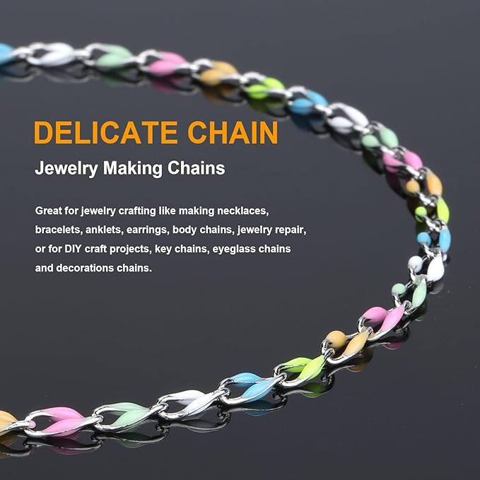 KYUNHOO 13 Feet Rainbow Links Silver Jewelry on Roll Colorful Oil Drip Chains for Jewelry Making Mixed Color Enamel Chain Spool for Women DIY Crafting Supplies Findings
