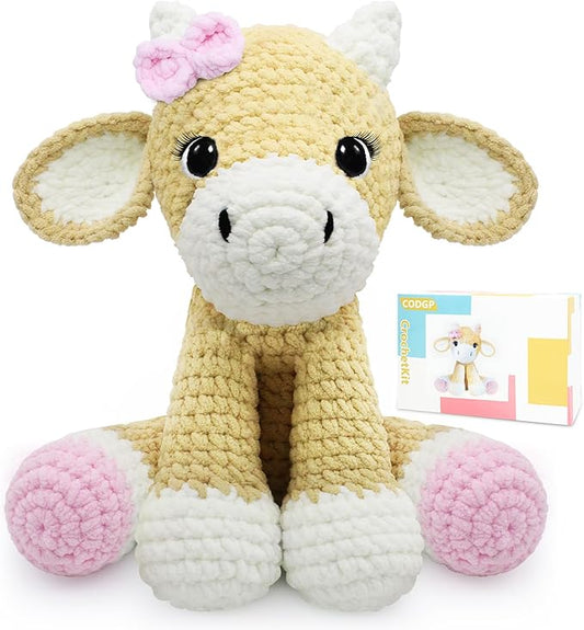 codgp crochet kit for beginners,11.8in crochet animal kit cow,crochet starter kit gift for adults kids with yarn sets,amigurumi crochet kit with step-by-step video tutorials