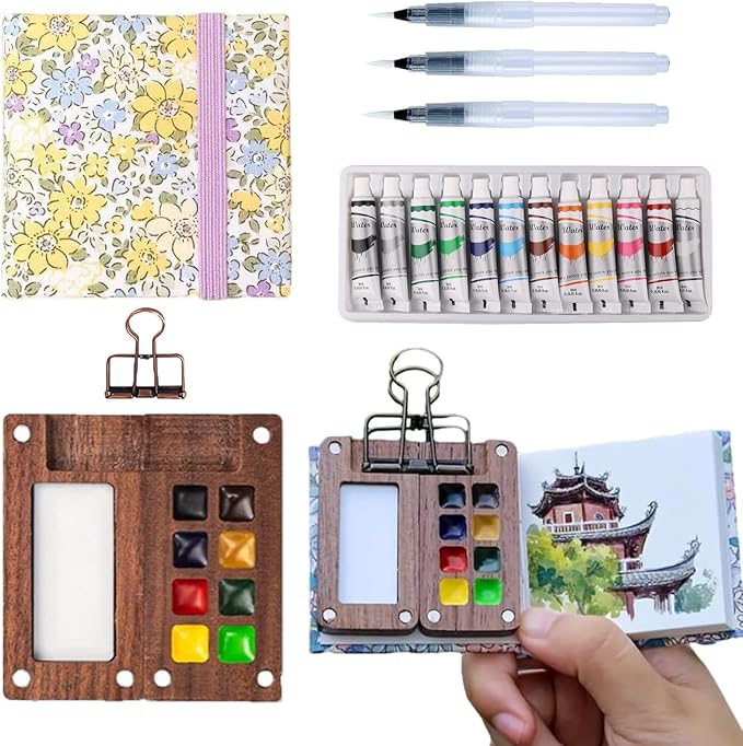 Aimery Mini Watercolor Paint Travel Set, Portable Small Miniature Pocket Water Color Painting Kit with Wooden Palette & Sketchbook(Yellow Flower)