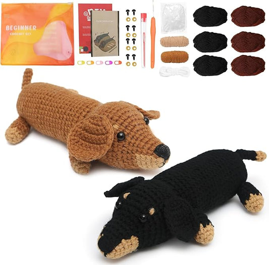 GONELYON Crochet Kit for Beginners - 2 PCS Crochet Dachshund Beginner Crochet Kit, with Step-by-Step Video Tutorials, Beginner Crochet Kit for Adults, Animal Craft Knitting Kit Crochet Gifts