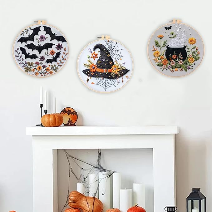 Floral Witch Hat Embroidery Kit Halloween Cross Stitch Material Set with Bat Skull Flower Pumpkin Patterns, DIY Hand Needlepoint Embroidery Craft Kit for Beginners Professional (Floral Witch Hat)
