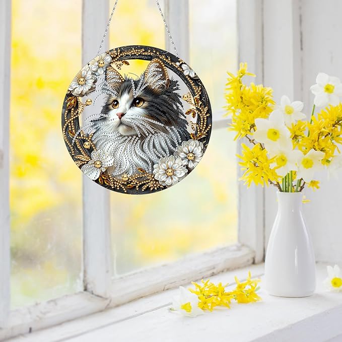 Generic DIY Hanging Diamond Pendant Special Shaped Crystal Diamond Art Painting Ornament Single Sided for Window Home Garden Wall Door Decor-Cat