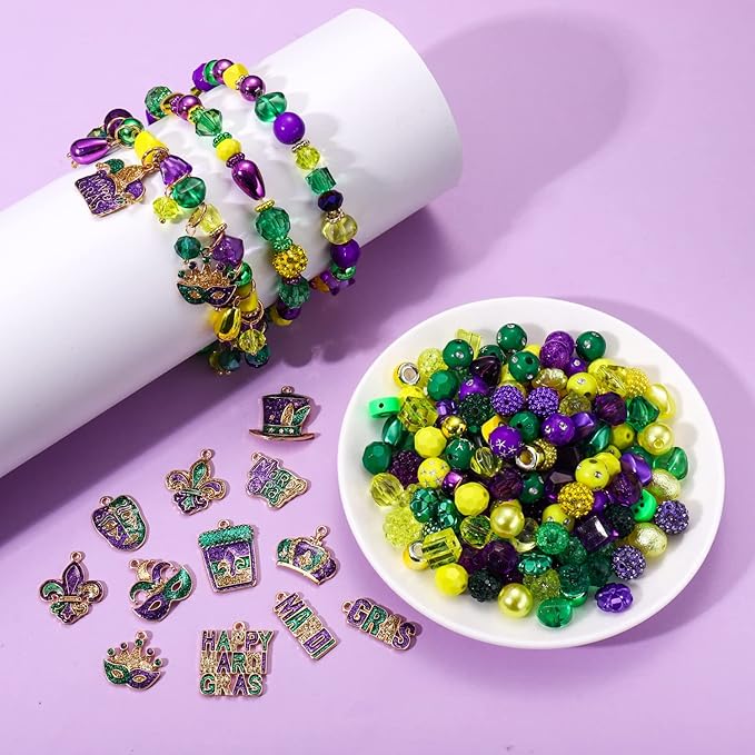 NVENF Mardi Gras Beads & Charms for Jewelry Making, Gold Purple Green Polymer Clay & Acrylic Beads, Letter Spacer Beads for Bracelet & Necklace Making DIY Crafts