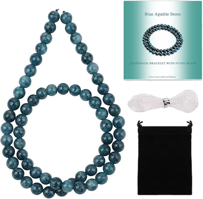 Stone Beads, 60pcs Blue Apatite, 6mm Round Loose Beads for Jewelry Making, Bracelets, with Bag, String & Card