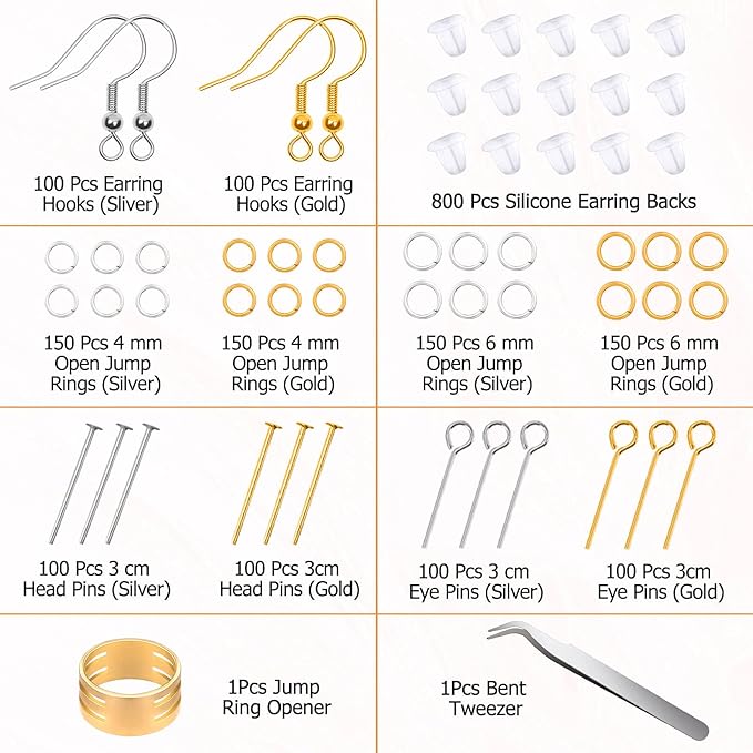 Hypoallergenic Earring Making Kit, modacraft 2000Pcs Earring Making Supplies Kit with Hypoallergenic Hooks, Earring Findings, Backs, Pins Jump Rings for Jewelry Making Supplies