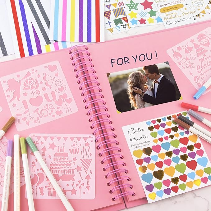 GOTIDEAL 12 x 12 Inch Scrapbook Album with 10 Metallic Markers,80 Pages Craft Paper Photo Album for Wedding and Anniversary, Family DIY Photo Album with Scrapbooking Stickers Corners(Pink)