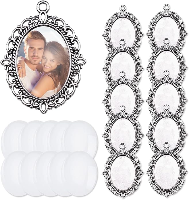 20Pcs Photo Charms Cabochon Blanks Set 10Pcs Large Oval Pendant Trays with 10 Glass Cabochons for Memorial Jewelry Making Bridal Bouquet Charms DIY