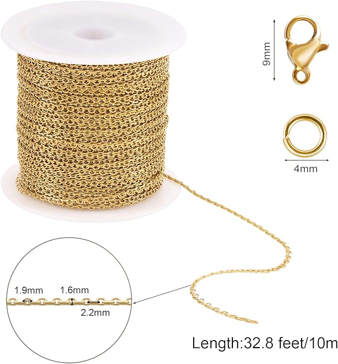 SMYHTGLIF 32.8 Feet Thin Cable Chain for Jewelry Making Gold Stainless Steel Bulk Chain Rolo Craft Jewelry