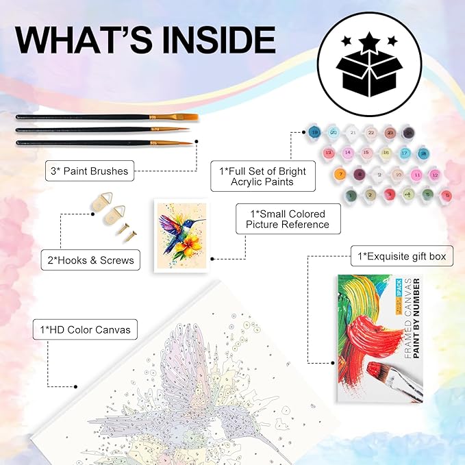 Yezavesu Framed Paint by Numbers Kit for Adults Beginner, 12x16 Inch Hummingbird Paint by Numbers with Frame, DIY Watercolor Number Painting for Adults Hummingbird for Home Wall Decor Gift