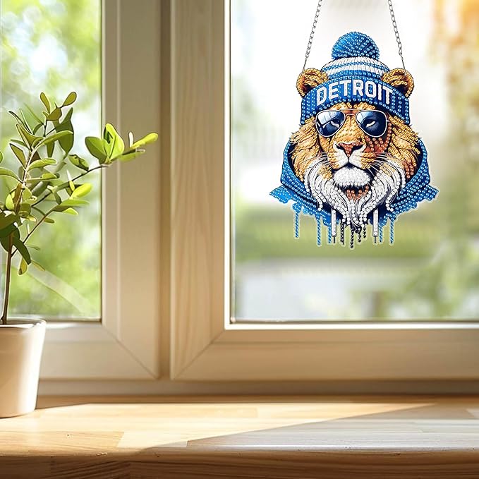 DIY Diamond Art Hanging Kit for Adult,Acrylic Diamond Art Painting Window Pendants Home Garden Wall Hanging Kits Hanging Ornament,Football Style (Detroit Blue)
