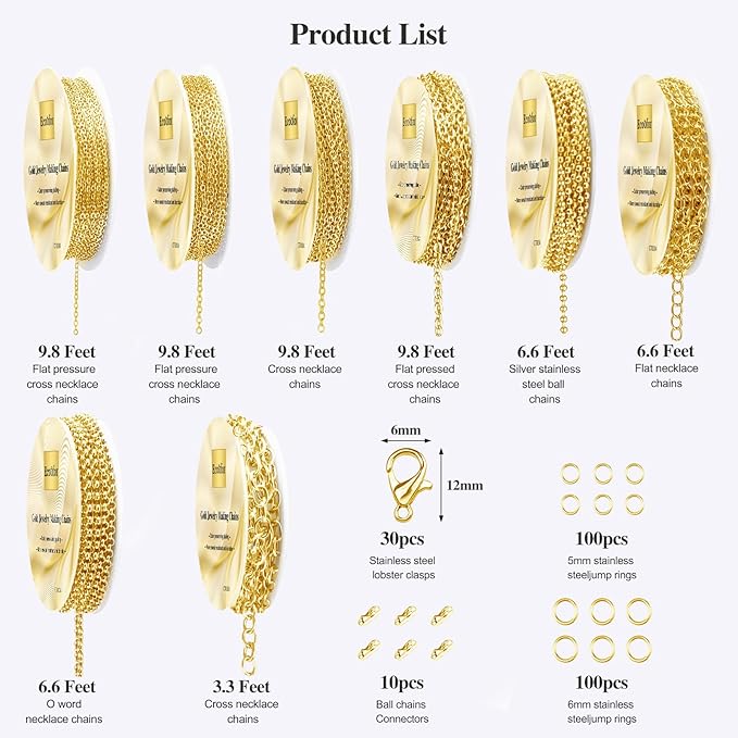 ecoofor gold necklace chains for jewelry making, 62.3 feet 8 rolls jewelry chains for diy necklace bracelet jewelry making with jump rings/lobster clasps/connectors