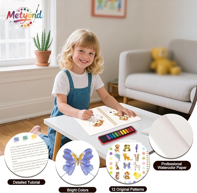 Metyond Beginner Watercolor Workbook Kit - Watercolor Painting Kit with 1 Workbook 12 Colors Paint Set with Brush, Beginner Friendly Watercolor Paint Set Gift for Adults Teens (Animals)