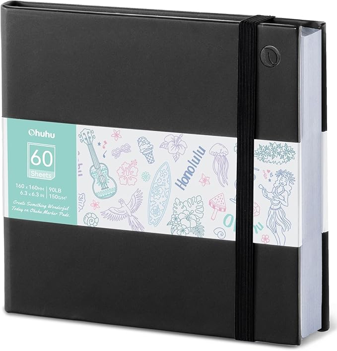 Ohuhu Double-Sided Marker Pad Art Sketchbook Bleedproof - 6.3"x6.3" Small Square Paper Size - 90 lb/150 gsm Smooth Drawing Paper - 60 Sheets/120 Pages - Hardcover Sketching Book for Alcohol Markers