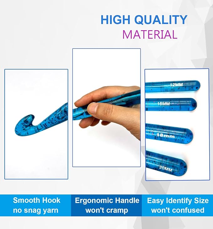 Weabetfu 5 Large Crochet Hook,25mm 20mm 18mm 15mm 12mm Size Crochet Hooks, Large Crochet Hook for Chunky Yarn,24PCS Big Crochet Hooks 10mm-25mm Crochet Needles with Case (Blue)