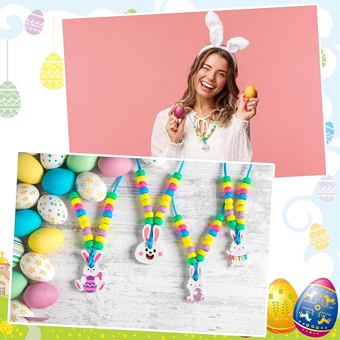 Ecally 24 Sets Easter Crafts Bunny Beaded Necklaces Crafts Kit DIY Make Your Own Rabbit Necklaces for Easter Art Activity Project Party Favors Supplies Spring Decoration