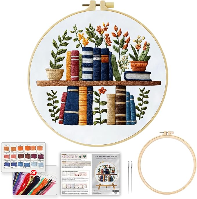 JOZYSH Beginners Stamped Books and Flowers Pattern Embroidery Kit Cross Stitch Kit Embroidery Starter Kit with Instructions, Embroidery Hoops for Home Ofiice Decor