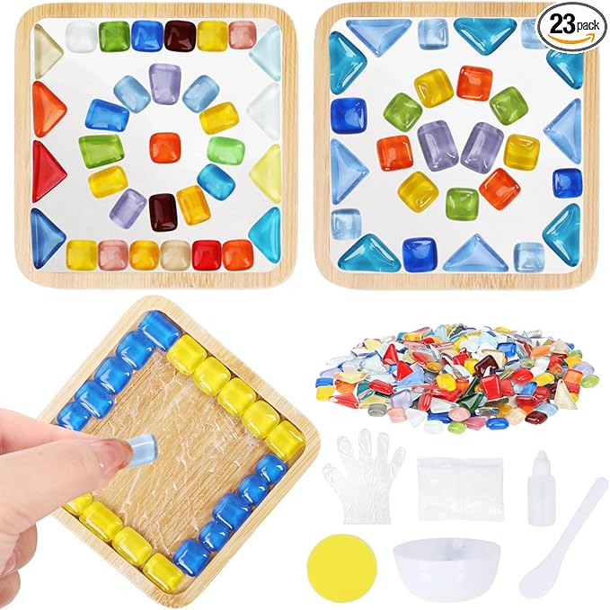 SAYAYA 4 Sets DIY Glass Mosaic Tiles for Crafts Mosaic Crafts Kit with Bamboo Coaster for Adults Glass Coasters Crafts Set for Handmade Home Christmas Halloween Birthday Decoration Gift (Square Set)