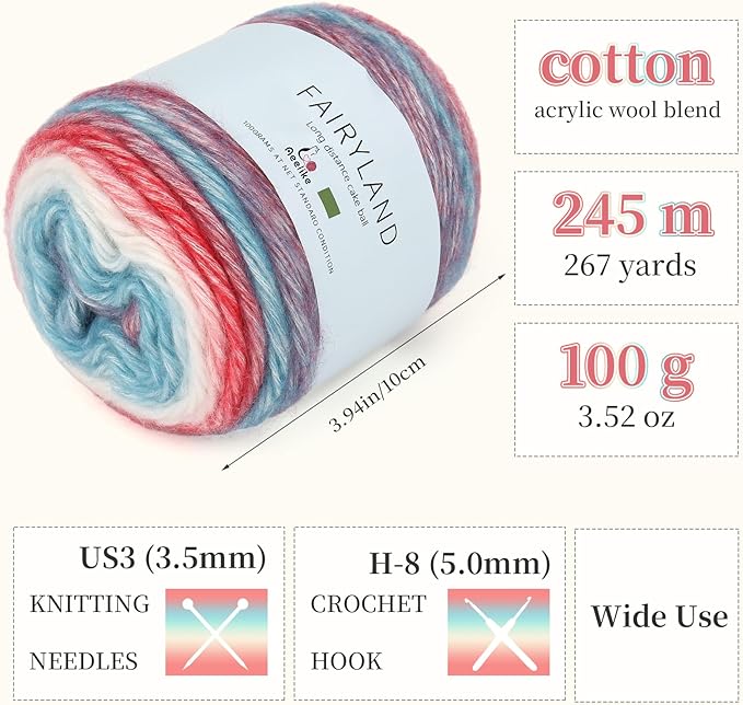 Aeelike Gradient Yarn for Crocheting, 3 Skeins Cake Yarns 100g (3.52 oz) 245m (267 Yards) # 3 Light Weight - Super Soft Ombré Fairyland Yarns for Making Colorful Crafts, Red Blue Gradient