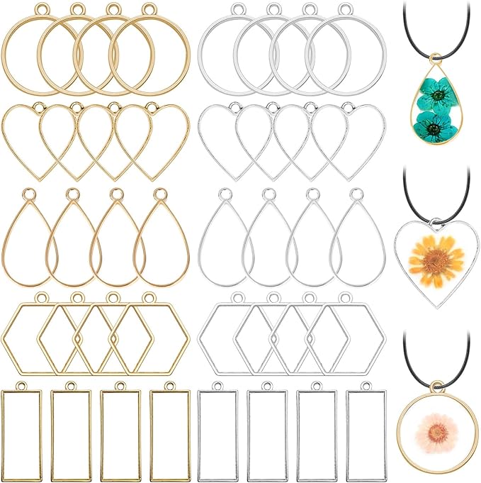 50pcs Open Bezel Pendants 5 Styles Hollow Bezel Pendants Open Frame Pendant Geometric Pressed Flower Frame for Resin Casting, Necklace, Earrings, Pressed Flower, DIY Crafts(K Gold,White K)
