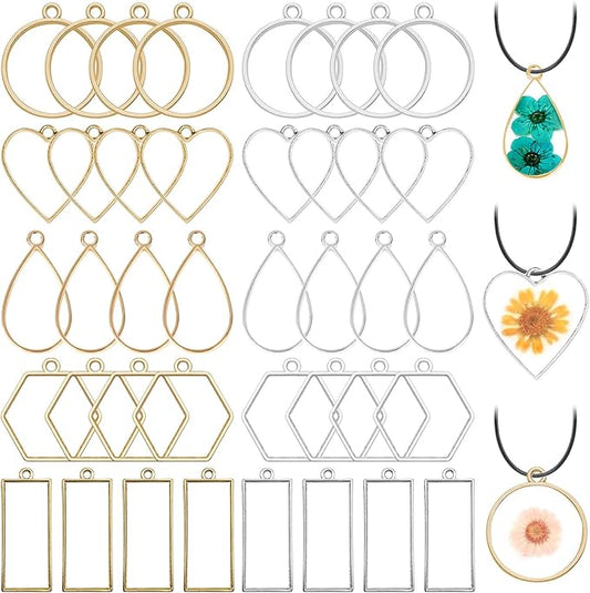50pcs Open Bezel Pendants 5 Styles Hollow Bezel Pendants Open Frame Pendant Geometric Pressed Flower Frame for Resin Casting, Necklace, Earrings, Pressed Flower, DIY Crafts(K Gold,White K)
