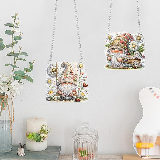JISHSHAY 2 PCS Diamond Painting Pendant Gnome Diamond Paintings Dwarf Diamond Art Wind Chimes Special Shaped Diamond Painting Diamond Art Suncatchers Gnome Keychain Diamond Art Window Clings