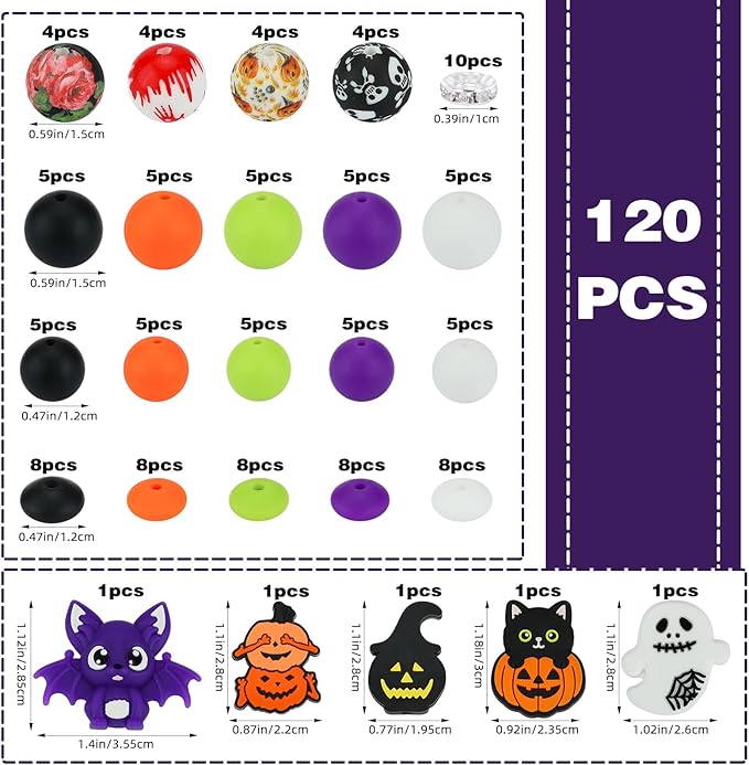 121 Pcs Halloween 12mm 15mm Silicone Beads Kits for Keychain Making 3D Bat Focals Round Focal Beads for Pens Bracelets Necklace DIY Crafts Jewelry Making