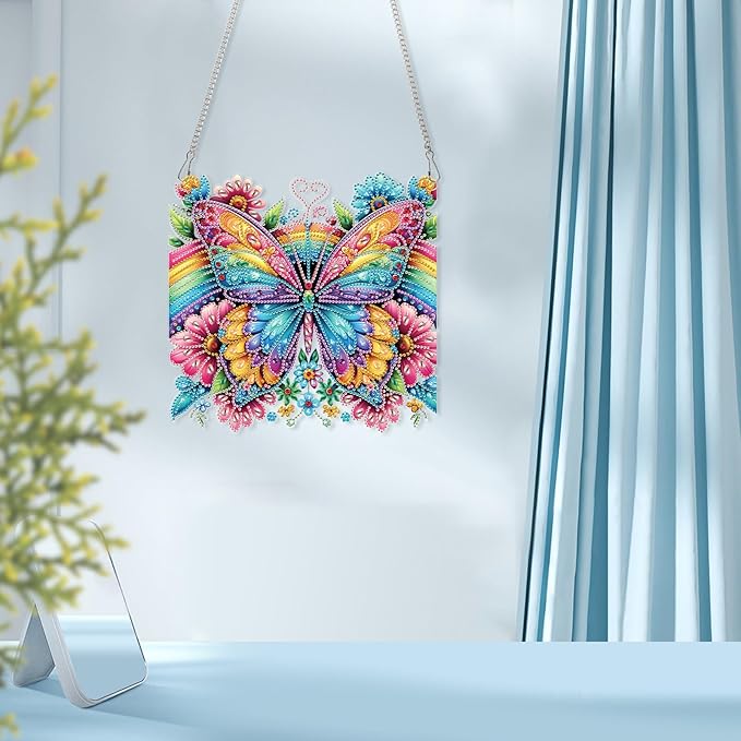 AiYuanzsh Diamond Art Suncatcher Hanging Kit Rainbow Butterfly with Flowers, Colorful Special Shaped Diamond Painting Ornament for Adults, DIY 5D Crystal Diamond Art Pendant Decoration