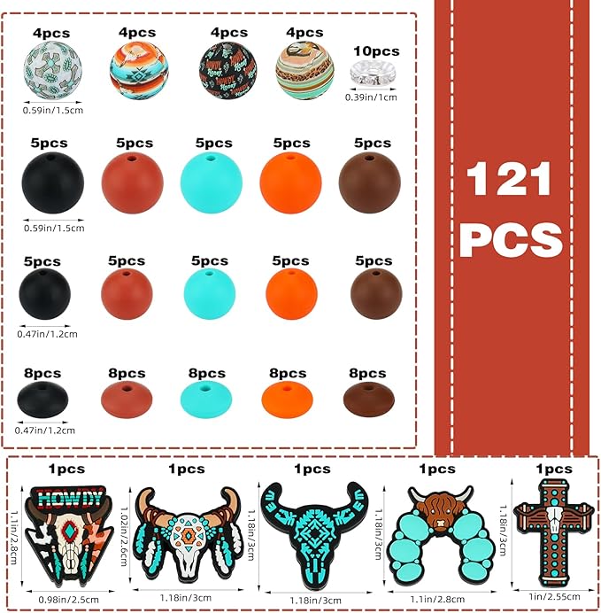 121 Pcs Cattle Themed 12mm 15mm Silicone Beads Kit for Keychain Making Cross Beads Round Focal Beads for Pens Bracelets Necklace DIY Crafts Jewelry Making