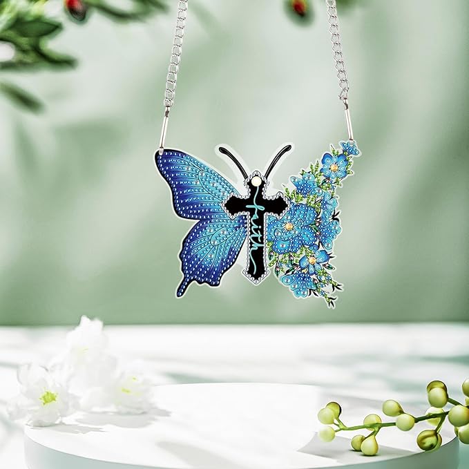 DIY 5D Diamond Painting Hanging Kit, Blue Butterfly Cross Faith Acrylic Pendant Ornament, Religious Special Shaped Diamond Art for Adults, Wall, Door, or Garden Decor Craft Gift