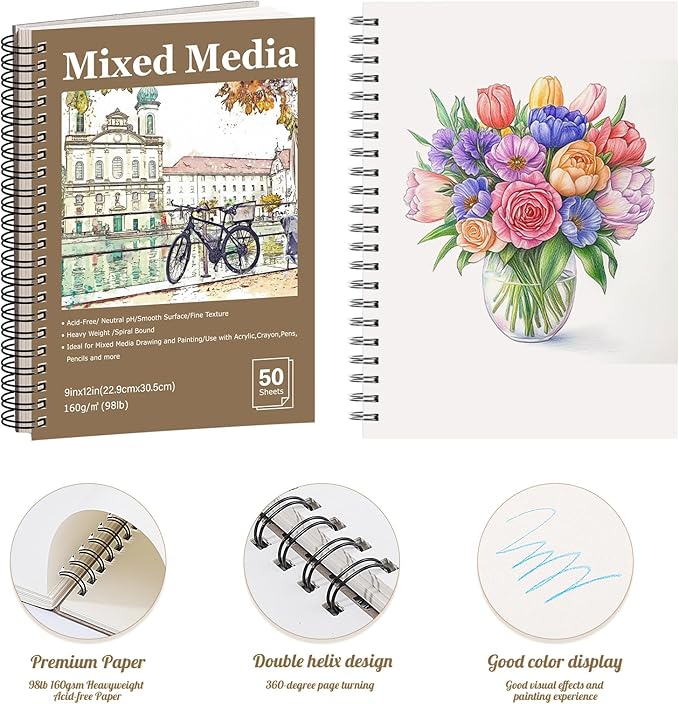 4 Pack Mixed Media Sketchbook, 9x12 inches Drawing Paper Sketch Book, 98lb/160gsm Heavyweight Spiral Bound Sketch Pads, Suitable for Arist, Drawing, Painting, Sketching(200 Sheets)