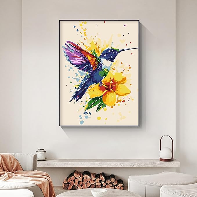 Yezavesu Framed Paint by Numbers Kit for Adults Beginner, 12x16 Inch Hummingbird Paint by Numbers with Frame, DIY Watercolor Number Painting for Adults Hummingbird for Home Wall Decor Gift