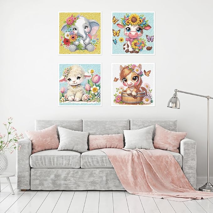 4 Pack 5D Animals Diamond Painting Kits for Kids- Crystal Diamond Art for Adults Kids, DIY Full Drill Animal Family Gem Art Picture, Adults Gem Dot Crafts for Home Wall Decor 6x6 inch(without frame)