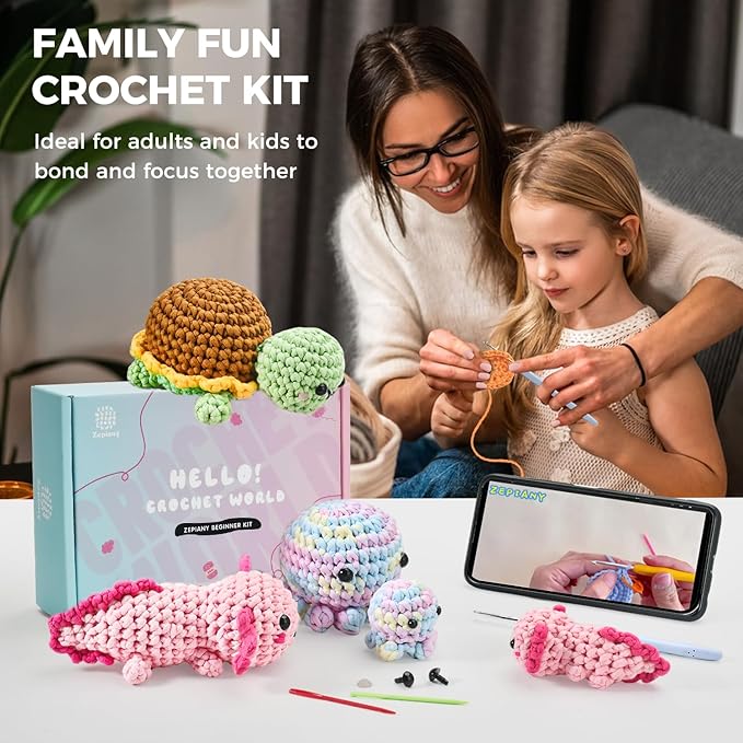 Crochet Kit for Beginners, 5 Pack Amigurumi Beginner Crochet Kits Animals, Crochet Turtle Axolotl Octopus Crocheting Kit, Easy Knitting Kit for Beginners with Step-by-Step Video Craft Kits for Adults