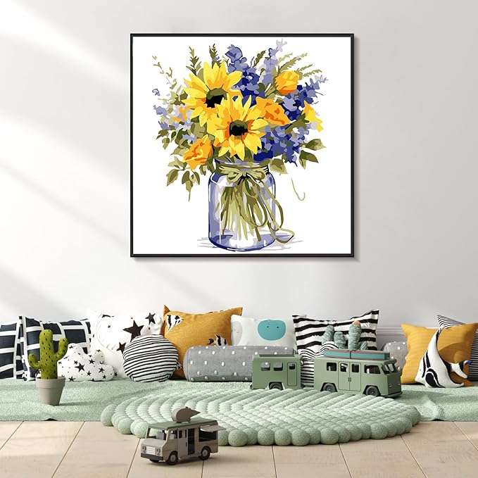 Yezavesu Flower Framed Paint by Numbers Kit for Adults Beginner & Kids Ages 8-12, Flowers Paint by Number Without Easel, DIY Adult Paint by Numbers Sunflower for Home Wall Decor Gift 10x 10 inch