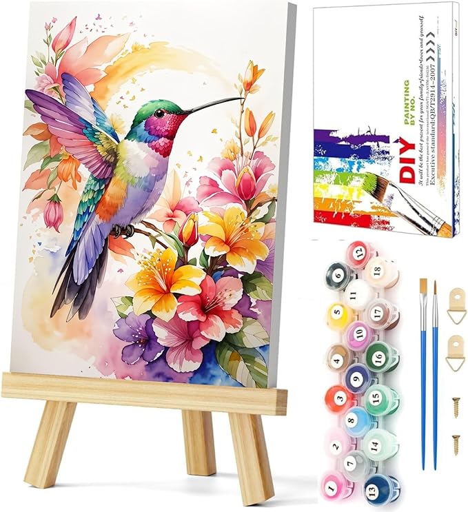Gemozaic Framed Paint by Numbers Kit for Adults, Hummingbird Adults Paint by Number Kits on Canvas with Wooden Easel for Home, Office, Wall Decor, 8 x 12 Inch