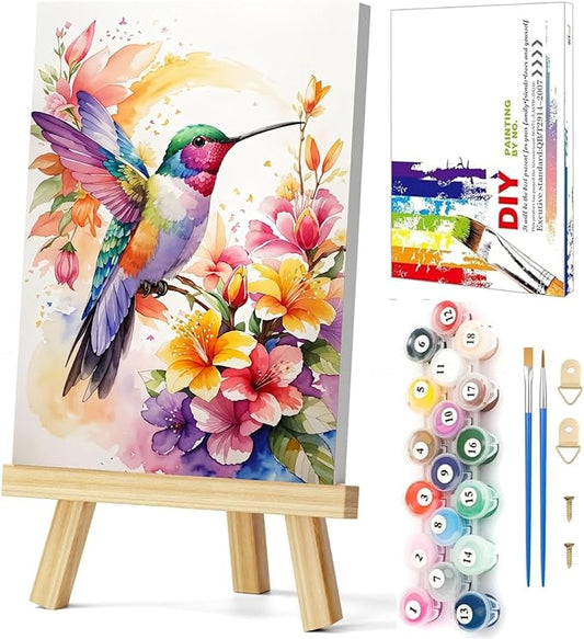 Gemozaic Framed Paint by Numbers Kit for Adults, Hummingbird Adults Paint by Number Kits on Canvas with Wooden Easel for Home, Office, Wall Decor, 8 x 12 Inch