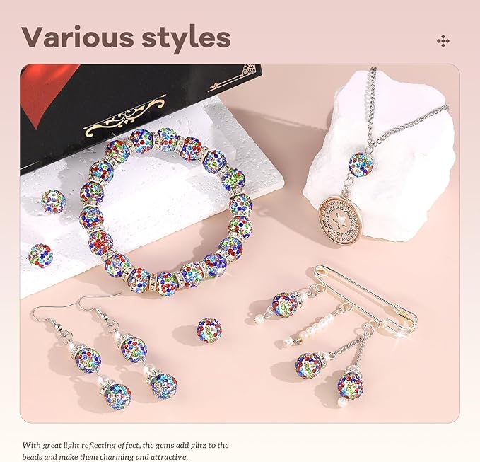 200pcs 10mm rhinestone beads for jewelry making, white mixed shiny round disco ball beads bulk, sparkle crystal clay christmas for bracelet baseball necklace earring crafting and diy