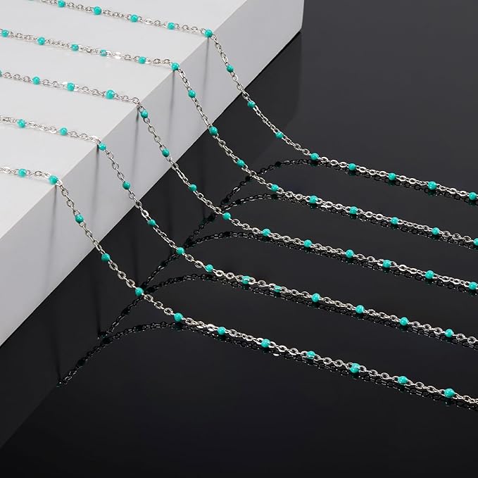 16.4 Feet Thin Stainless Steel Necklace Making Chains Bulk on Spool Turquoise Green Bead Chain for Crafts with Lobster Clasps Jump Ring Jewelry Findings