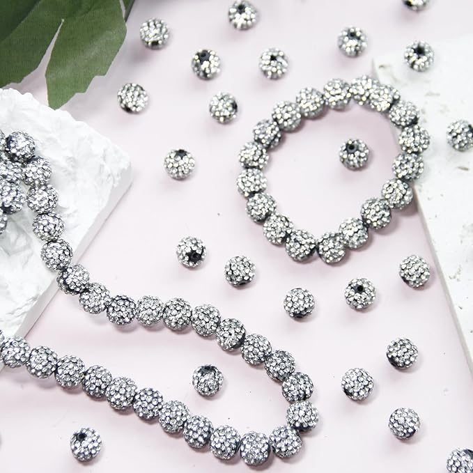 200 Pcs 10mm Rhinestone Beads for Jewelry Making, Black White Shiny Round Shamballa Disco Baseball Necklace Beads Sparkle Crystal Clay Pave Rhinestones Bead for DIY Bracelet Earring Making Supplies
