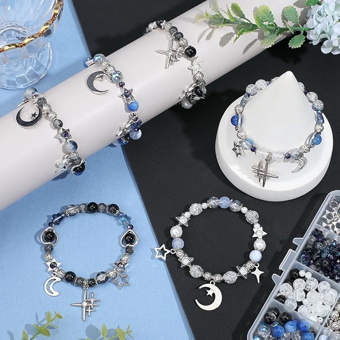 SUNNYCLUE 1 Box 314Pcs DIY 6 Sets Bracelets Making Kit Moon and Star Charms Crescent Stars Bead Blue Faceted Glass Imitation Pearl Loose Spacer Beads for Jewelry Making Kits Adult Women Gifts