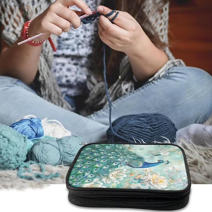 Hechitok Peacock Floral Empty Crochet Hook Case Portable Travel Crochet Storage Bag Organizer Zipper Bags with Web Pocket and Crochet Holder Slots for Crochet Knitting Accessories