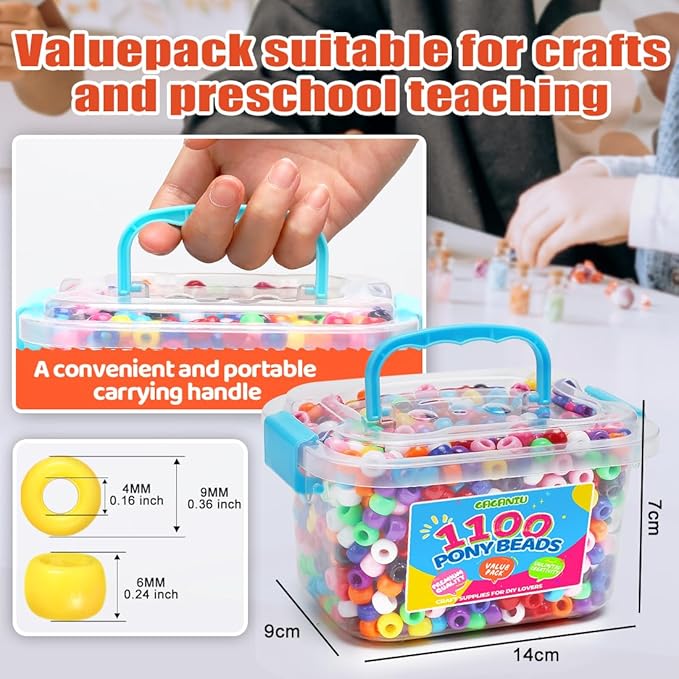 gaganiu pony beads 1100+ pcs – light blue plastic kandi beads in jar for bracelets, hair braids, jewelry making & diy crafts