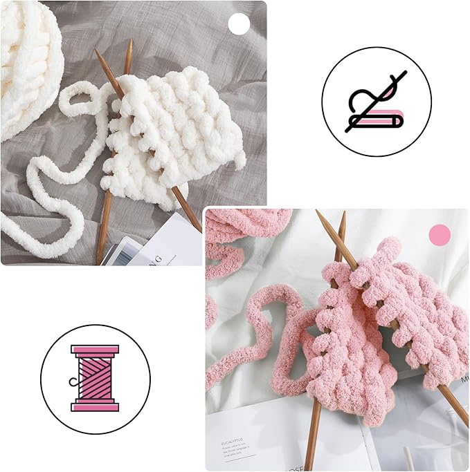 MABOZOO Assorted Chunky Yarn for Crocheting 8 Pack,Fluffy Jumbo Chenille Yarn,Soft Plush Yarn Bulky,Giant Thick Fuzzy Yarn for Hand or Arm Knitting,Cream & Pink(31.7 yds,8 oz Each Skein)