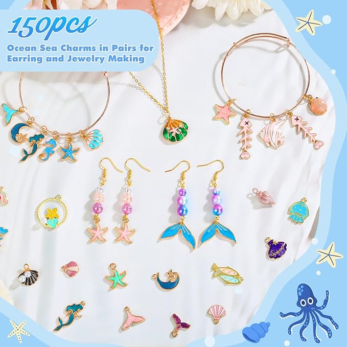 Acejoz 150 Pcs Ocean Beach Sea Charms for Jewelry Making and Bracelets, Assorted Summer Sea Shell Charms Bulk for Earring Necklace Bracelet Jewelry Making and Crafting