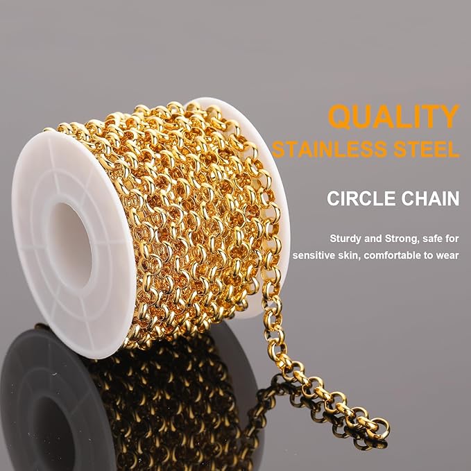 KYUNHOO 13 Feet/4M Gold Plated Chain for Jewelry Making 6mm Round Circle Chain Link on Spool Stainless Steel Chain Roll for Handcraft Making Supply Jewelry Findings